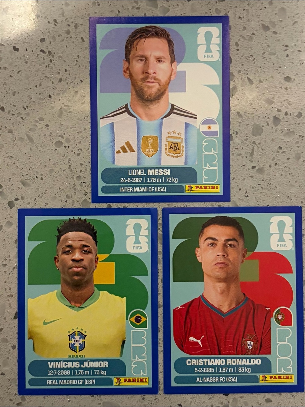 Panini 2026 FIFA World Cup BLUE Parallel: MESSI - RONALDO - VINICIUS JR